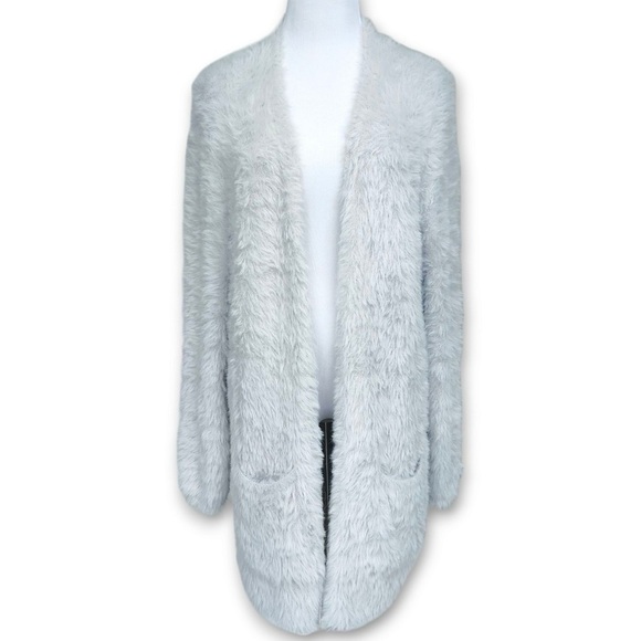 Free People Silver Cloud Gray Faux Fur Medium Open Cardigan Sweater - Picture 10 of 14